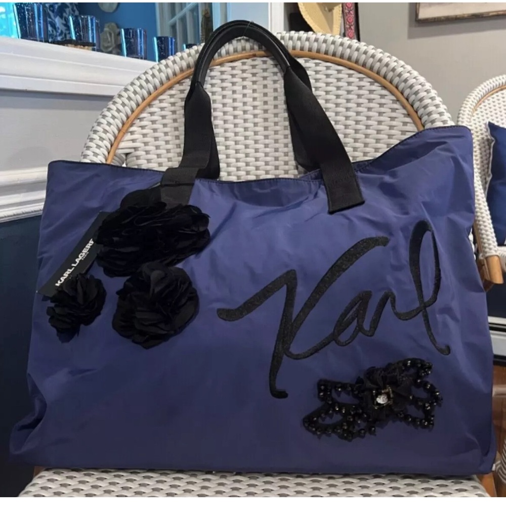 Karl Lagerfeld Paris Large Blue Tote Bag New with Tags Embellished NWT - Picture 1 of 11